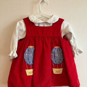 Little English Red Balloon Embroidered Corduroy Dress with collared shirt